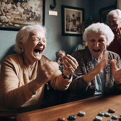 Image showing Happy senior women, board game and excited celebration winning while playing games, retirement friendships with smile. Happiness, ai generated old woman and friends with game in nursing home together