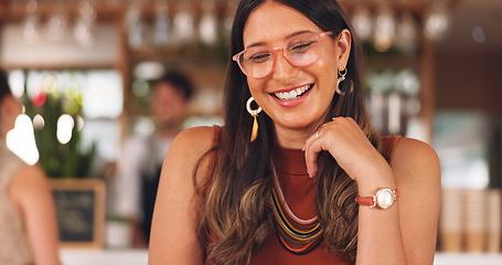 Image showing Business woman, laughing or tablet in coffee shop, restaurant or cafe on video call, virtual meeting or webinar. Smile, happy or freelance entrepreneur on technology in funny presentation or planning