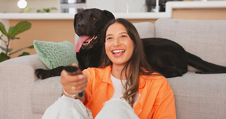 Image showing Woman laughing and watching tv with her dog in living room for comedy show, streaming movie or film relax, happy and joy. Funny person watch television with puppy pet, animal or Labrador retriever