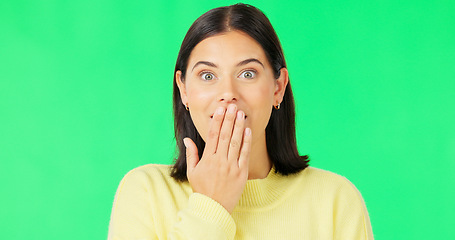 Image showing Wow, laughing and face of a woman on green screen isolated on a studio background. Happy, funny and portrait of an excited girl with shock and surprise over good news, announcement or gossip