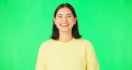 Image showing Happy, laughing and the face of a woman on a green screen isolated on a studio background. Smile, beautiful and portrait of a girl with confidence, happiness and positivity on a mockup backdrop