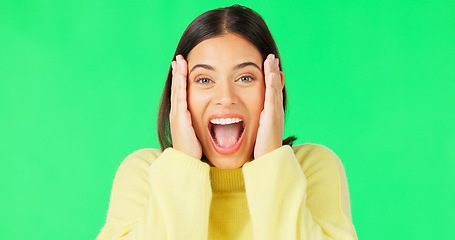 Image showing Wow, surprise and face of woman on green screen for news, announcement and information in studio. Excited, happy and portrait of isolated girl smile with shocked, emoji and omg facial expression