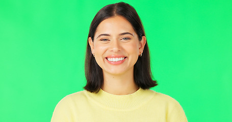 Image showing Happy, laughing and the face of a woman on a green screen isolated on a studio background. Smile, beautiful and portrait of a girl with confidence, happiness and positivity on a mockup backdrop