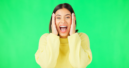 Image showing Green screen, surprise and wow face of woman for news, announcement and deal information in studio. Excited, happy and portrait of isolated girl smile with shocked, emoji and omg facial expression