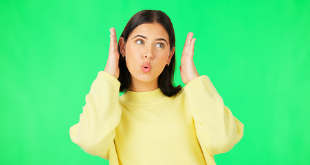 Image showing Green screen, funny face expression and happy woman posing with tongue out, peace sign and carefree personality. Portrait, female model and smile in studio with emoji reactions, meme and happiness