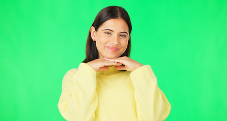 Image showing Green screen, funny face expression and happy woman posing with tongue out, peace sign and carefree personality. Portrait, female model and smile in studio with emoji reactions, meme and happiness