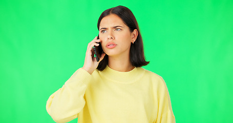 Image showing Green screen, phone call and woman with anger, frustrated and stress against a studio background. Female, contact and person smartphone, mobile app and communication with conflict and annoyed girl