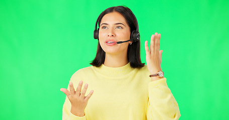 Image showing Woman, call center and consulting with headphones on green screen in customer service against a studio background. Happy female consultant or agent talking with headset for telemarketing on mockup