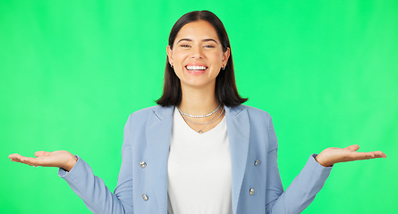 Image showing Business woman, hands and green screen in product placement, decision or choice against studio background. Portrait of female with smile showing advertisement, marketing or sale on copy space mockup