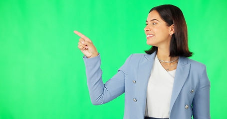 Image showing Business woman, face and pointing with green screen, list or review option by studio background. Happy businesswoman, point and portrait with mock up space for menu, checklist or decision by backdrop