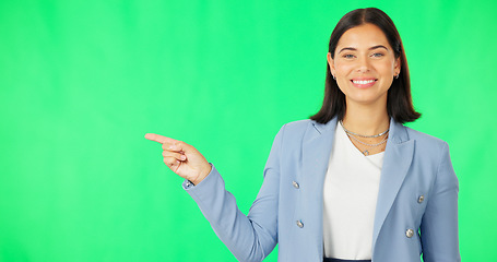 Image showing Business woman, face and pointing with green screen, list or review option by studio background. Happy businesswoman, point and portrait with mock up space for menu, checklist or decision by backdrop
