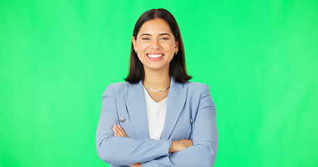 Image showing Business, happy woman and face with arms crossed on green screen background for confidence. Portrait, smile and young female model, employee and empowerment of professional worker, happiness or pride