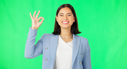 Image showing Okay hands, face and woman smile on green screen, background and review of business support. Portrait of female employee, happy and ok for success, yes and bonus for perfect emoji, thank you and sign