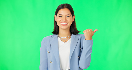 Image showing Face, business and woman pointing, green screen and employee against studio background. Portrait, female entrepreneur and consultant with direction, showing space and promotion with happiness and joy