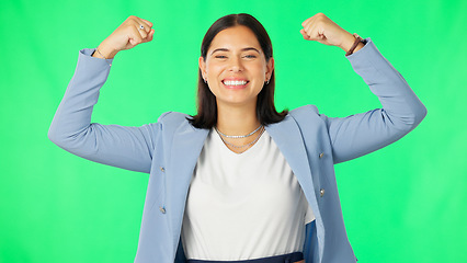 Image showing Business woman, strong muscles and green screen with smile on face for success, celebration and motivation. Businesswoman, bicep arms and mock up portrait for corporate goals by studio background