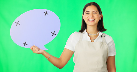 Image showing Woman, speech bubble and smile on face by green screen studio for mockup, promo and social media. Girl, excited portrait and mock up poster for news, information and happy for branding by background