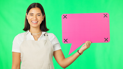 Image showing Speech bubble, woman and face with marketing on green screen, mockup space and social media branding. Logo promo, tracking markers and female in portrait with smile, advertising on studio background