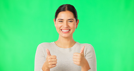 Image showing Happy woman, hands and thumbs up on green screen for agreement, good job or winning against a studio background. Portrait of female smile showing thumb emoji, yes sign or like for winning on mockup