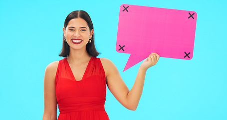 Image showing Social media, studio or happy woman with mockup speech bubble for opinion, info or advertising. Product placement portrait, Valentines Day announcement or female with voice mock up on blue background