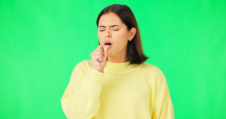 Image showing Sick woman, coughing and flu on green screen, cold and virus from breathing problem. Female model, pain and cough for asthma attack, tuberculosis and sore throat of allergy, lungs or covid in studio