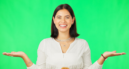 Image showing Happy woman, hand and green screen in product placement, decision or choice against studio background. Portrait of female face with smile showing advertisement, marketing or sale on copy space mockup