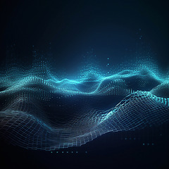 Image showing Data, internet and futuristic background wave, with blue connection, abstract and technology illustration for big data, AI or a network or stream of communication, science or music. Blockchain, cloud