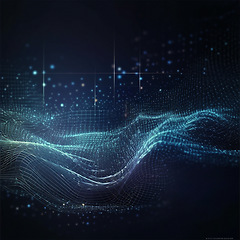 Image showing Data, internet and futuristic background wave, with blue connection, abstract and technology illustration for big data, AI or a network or stream of communication, science or music. Blockchain, cloud