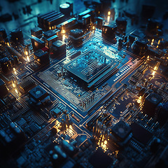 Image showing Closeup, cpu and digital circuit with microchip, hardware and information technology coding. IT, data science and computer system with motherboard, programming or ai generated cyber security in night