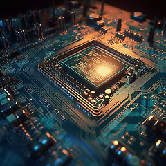Image showing Closeup, cpu and motherboard with circuit, microchip and hardware for information technology. IT, data science and computer system with process, programming and cybersecurity for digital background