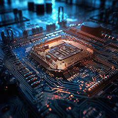 Image showing Closeup, cpu and digital microchip in computer, hardware and information technology with coding. IT, data science and system with process, programming and cybersecurity innovation for mockup in night