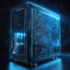 Image showing Futuristic, computer and server machine technology with power for digital processing, circuit or motherboard case. Ai tech of electrical box or PC for data storage, information or mainframe system