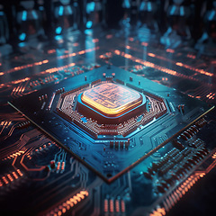 Image showing Closeup, cpu and motherboard for computer circuit with microchip, hardware or information technology. IT, data science and system with process, programming and cyber security for mock up in night