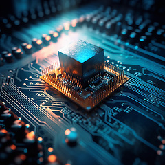 Image showing Computer hardware, CPU and circuit board with microchip, technology abstract and motherboard closeup. Cyber tech, cloud computing and processor, AI generated and digital drive with pc system