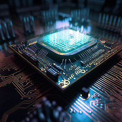 Image showing Computer hardware, CPU and microchip with technology abstract, processor and motherboard closeup. Cyber tech, cloud computing and circuit board, AI and digital drive with pc system and electronics