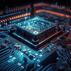 Image showing Computer hardware, CPU and circuit board with technology abstract, microchip and motherboard closeup. Cyber tech, cloud computing and processor, AI and digital drive with pc system and electronics