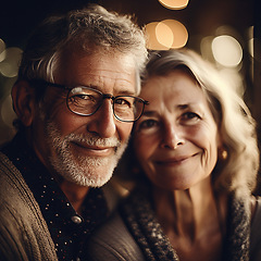 Image showing Love, date at night and portrait of senior couple with smile on face and bokeh on romantic evening celebration. Romance, retirement and happy man and woman in relationship or ai generated marriage