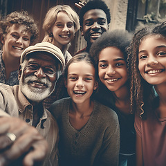 Image showing Selfie, portrait and diversity family smile with children, parent or grandpa bonding. Senior man, girl and boy kid group happy for support, security or love and care in ai generated foster home