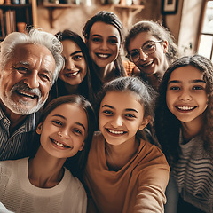 Image showing Selfie portrait of grandparents, parents and children at home for relaxing, bonding and quality time. Big family, multicultural and faces of happy people smile for ai generated picture together