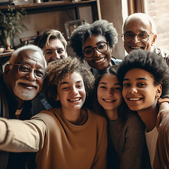 Image showing Family, portrait and diversity selfie with happy children, parents and grandparents bonding at home. Senior men, woman and kid group smile for support, ai generated and faces of love and care