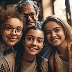 Image showing Happy, selfie and portrait of grandparents and children at home in digital art, futuristic app and 3d photo filter. Family, faces and happy people smile for ai generated picture or augmented creative