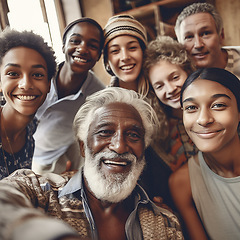 Image showing Selfie, smile portrait and diversity family with children, parents and grandpa bonding. Senior man and kid group happy for support, security and time or love and care in ai generated foster home