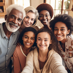 Image showing Family, smile portrait and diversity selfie with children, parents and grandparents bonding. Senior men, women and kid group happy for support, security and quality time or love and care ai generated