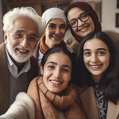 Image showing Selfie, indian family with a senior man and grandchildren in the living room of a home during a visit. Love, happy and a grandfather posing together with a group of girl relatives in their house