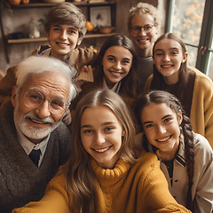 Image showing Children, smile and portrait of family selfie at home for relaxing, bonding and together on weekend. Retirement, love and faces of ai generated grandparents, parents and kids take picture for memory