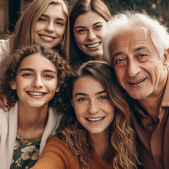 Image showing Ai, selfie and portrait of grandparents and children at home with digital art, futuristic app and 3d photo filter. Family, creative technology and augmented faces of happy people smile for picture