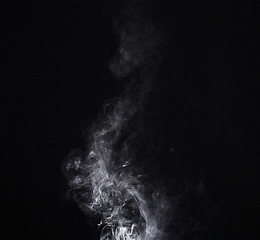 Image showing Grey smoke swirl, white background and studio with no people with fog in the air. Smoking, smog and isolated with smoker art from cigarette or pollution with graphic space for incense creativity