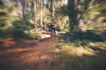 Image showing Bike, cycling and motion blur with a man in nature for fitness, adventure or freedom in the forest. Bicycle, exercise and a male athlete cyclist outdoor in the woods for cardio or endurance training