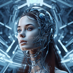 Image showing Gaming, futuristic cyberpunk and scifi woman for fantasy character, digital video game and metaverse. Technology, virtual reality and girl in dystopian city at night in ai, cyborg and 3d robot art