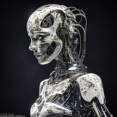 Image showing Android, cyborg and female robot machine isolated on black background, new future technology or ai generated innovation. Scifi, humanoid and futuristic robotics engineering on fantasy sci fi mockup