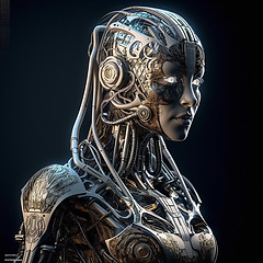 Image showing Machine, cyborg and robot woman isolated on black background with new technology and innovation in studio. Scifi, female humanoid and futuristic robotics, tech engineering and ai generated android